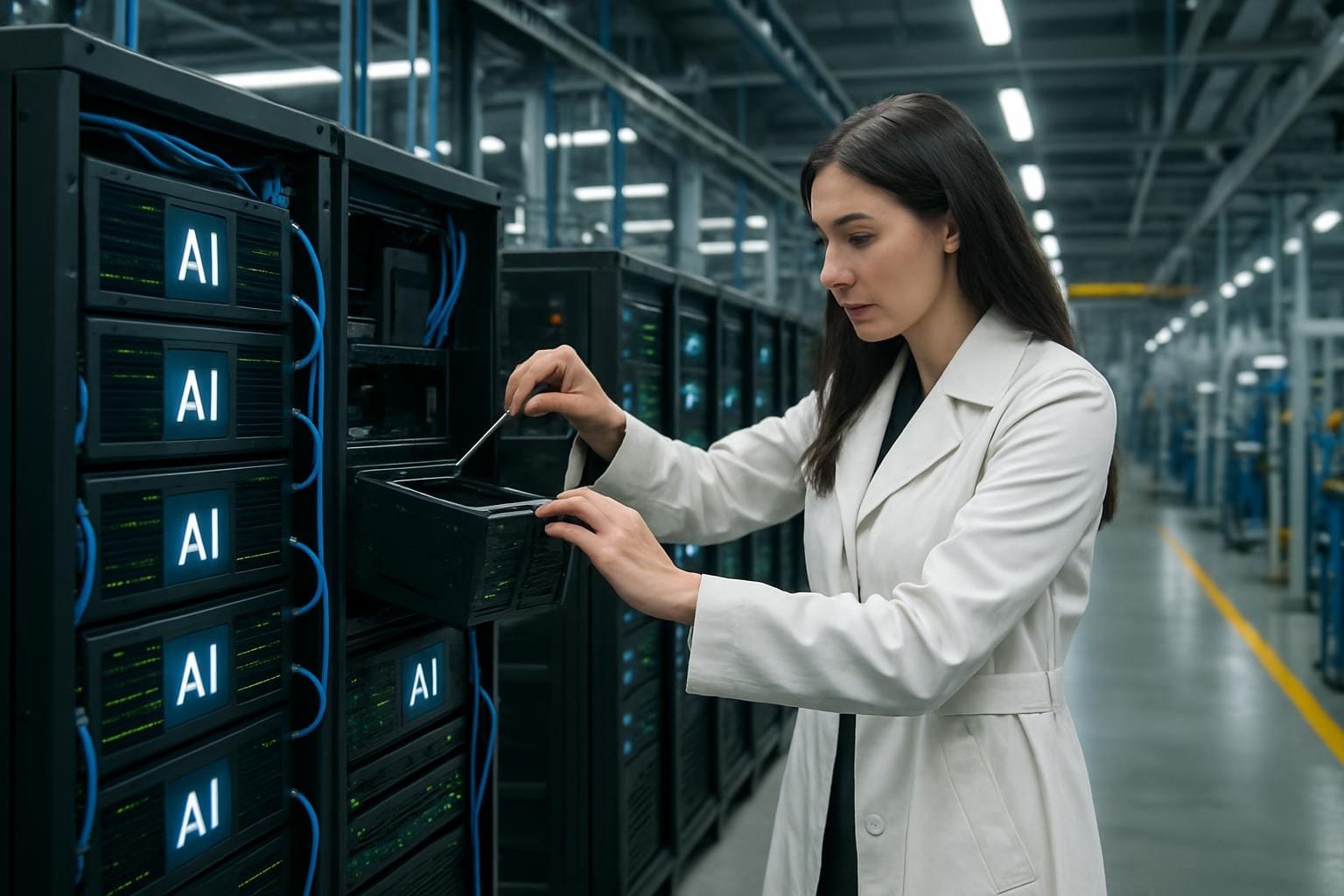 can u make a brunnete elle motion model as our main face of elle motion a nice pretty about 30 year old large bust size with elle motion logo inbeded on clothes put her in a active wear but ai inbeded glowing strip like pulse of enery in the ai dna strips 
